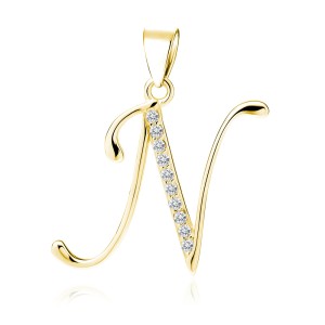Pandantiv placat cu aur galben initiala litera N din argint cu pietre DiAmanti LZ0002G_N-DIA (Argint 925‰ 1,1 g.)